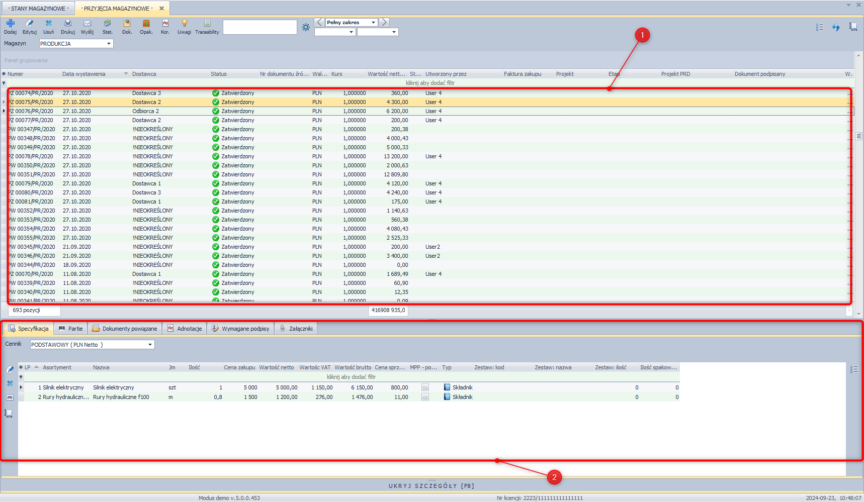 Okno typu lista: nadrzędna i zależna