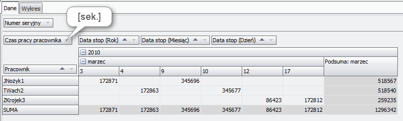 Ekran: Analiza kosztów czynności (wg RCP) - czas pracy pracownika 