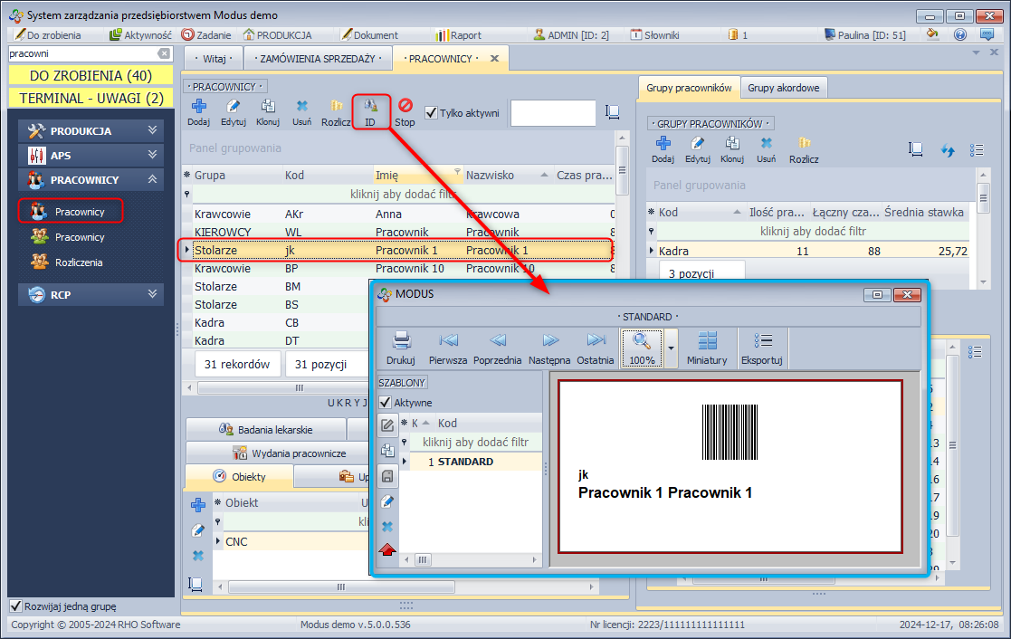 Drukowanie identyfikatora pracownika