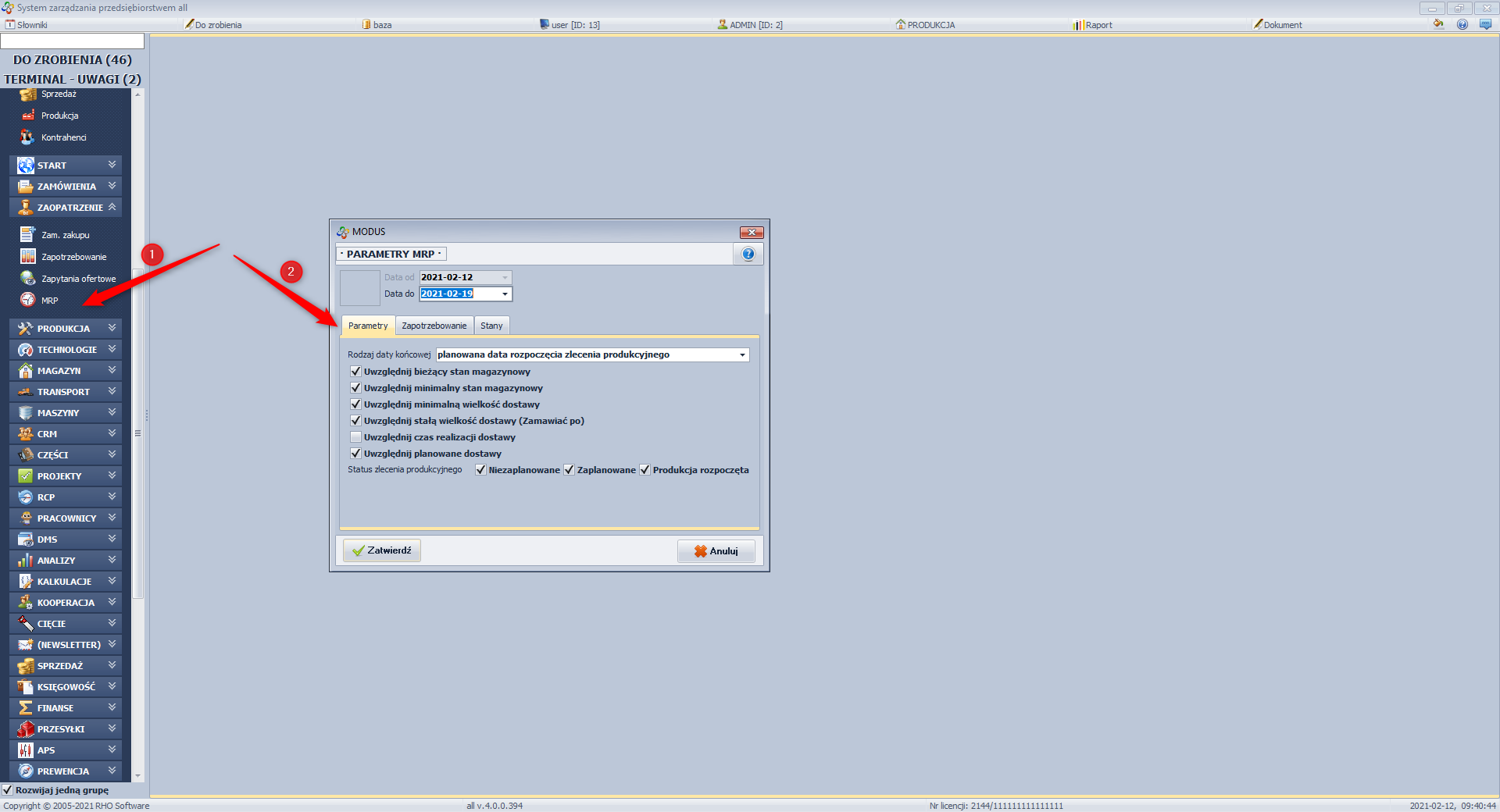 Ekran 4: Okno "Uruchamianie modułu MRP"