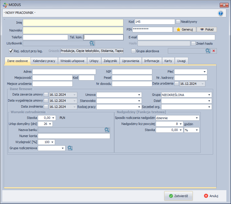 Ekran dodawania nowego pracownika