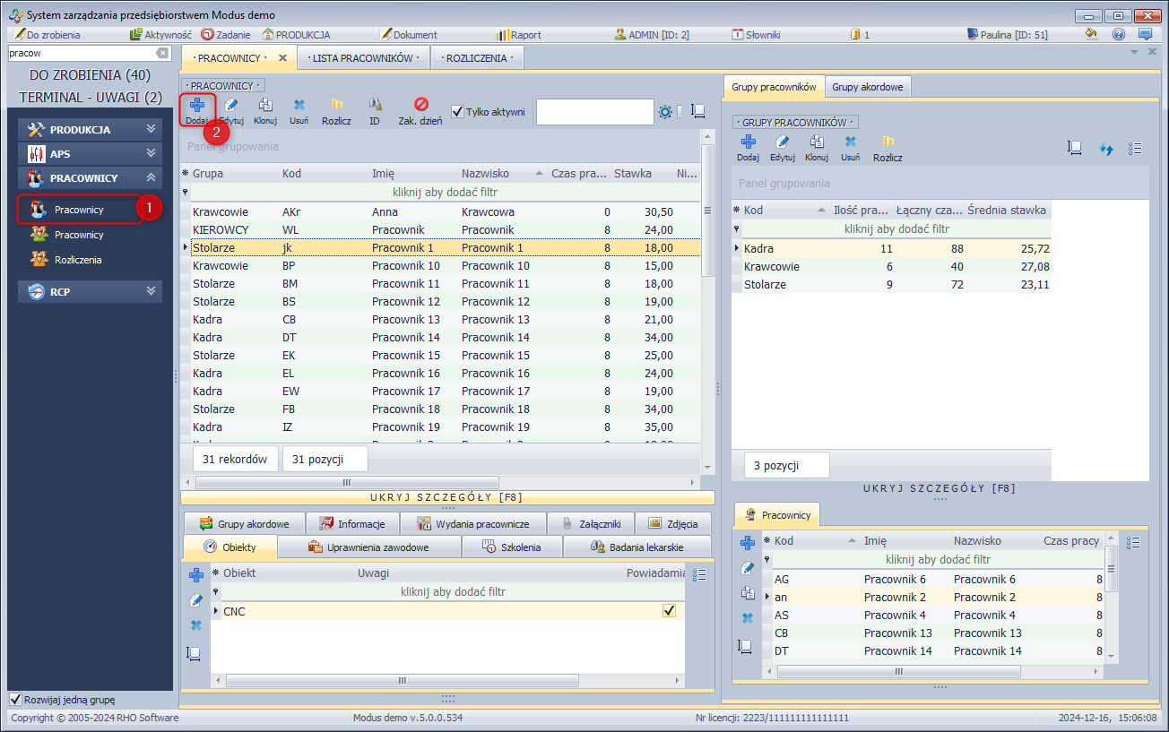 Ekran z listą pracowników