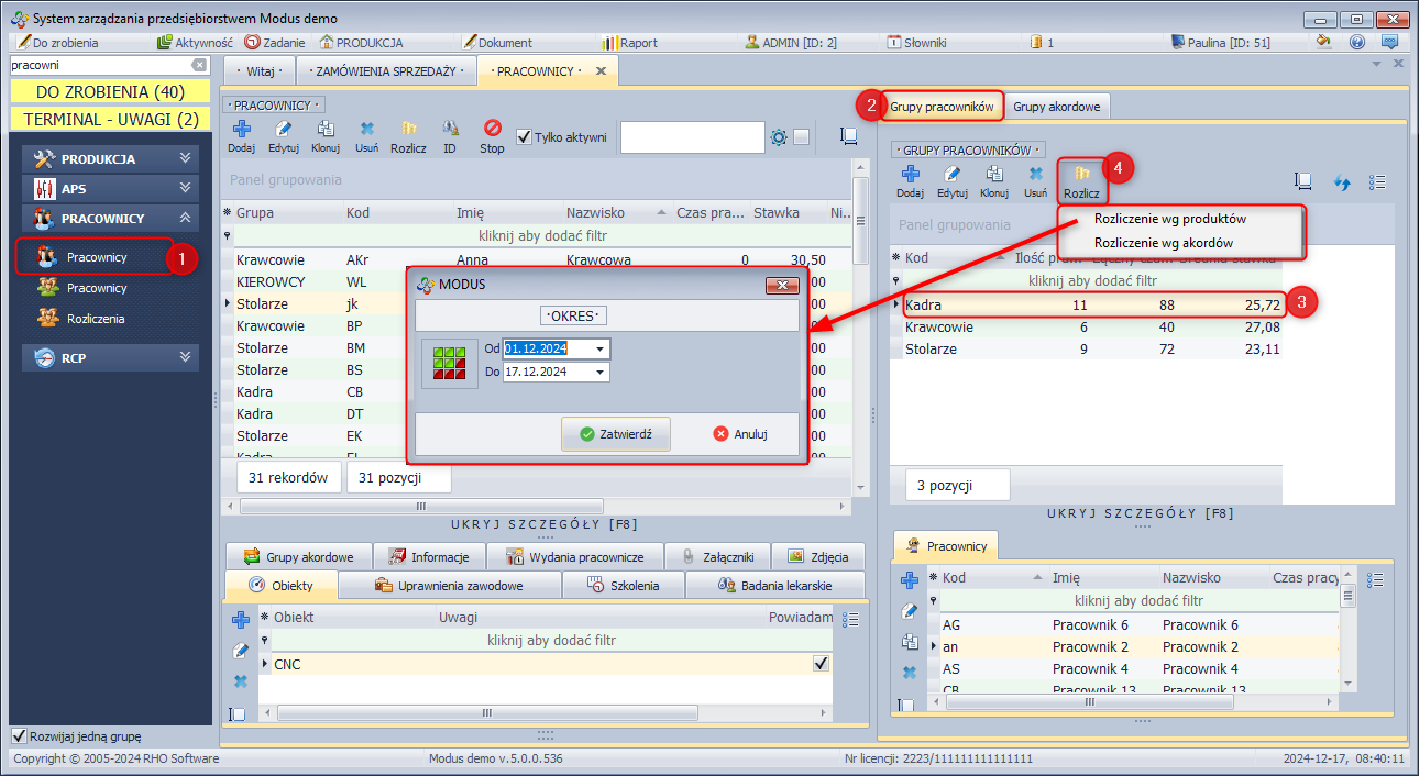  Generowanie wydruku z rozliczeniami grupy pracowników