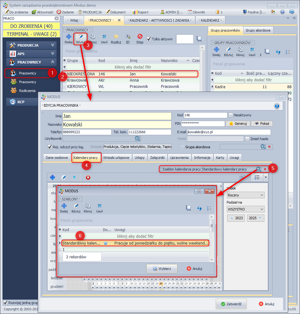Wybór szablonu w kalendarzu pracy pracownika