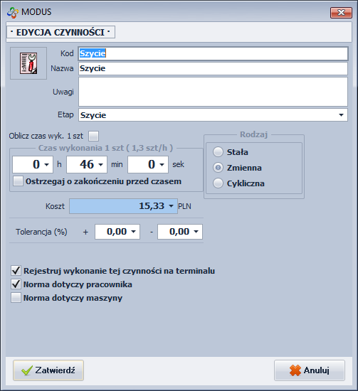 Ekran: Edycja czynności 