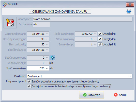 Określenie ilości zamawianego surowca