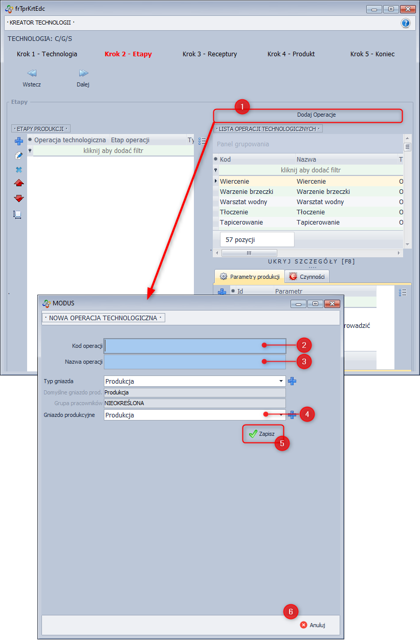 Kreator technologii - definiowanie operacji