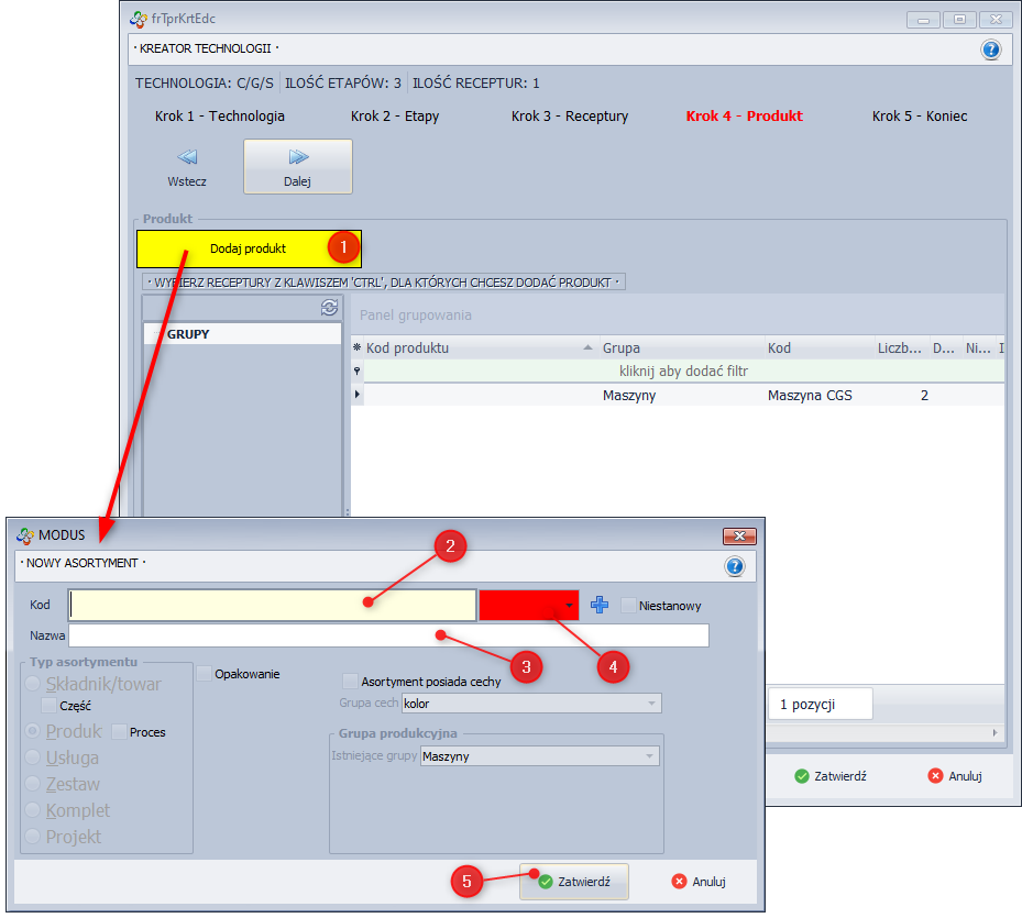 Kreator Technologii - dodaj produkt do receptury