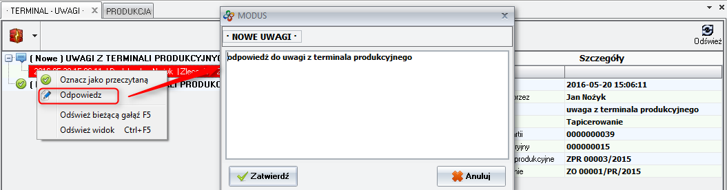 Ekran: Odpowiedź do uwag z terminala produkcyjnego