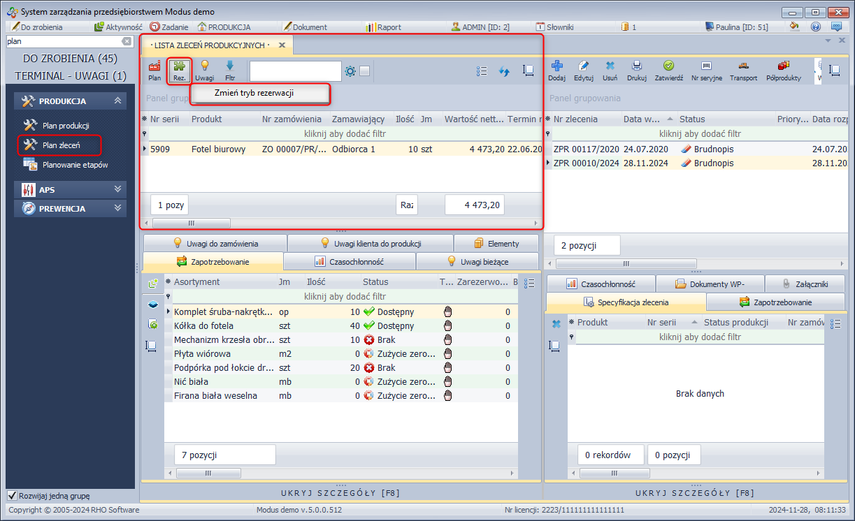 Rezerwuj - Okno zamówione produkty