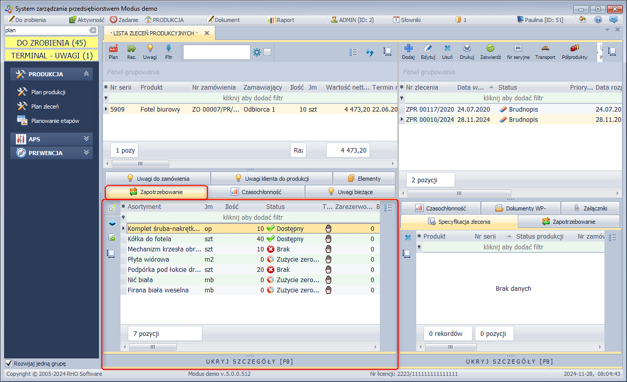  Okno Zapotrzebowanie