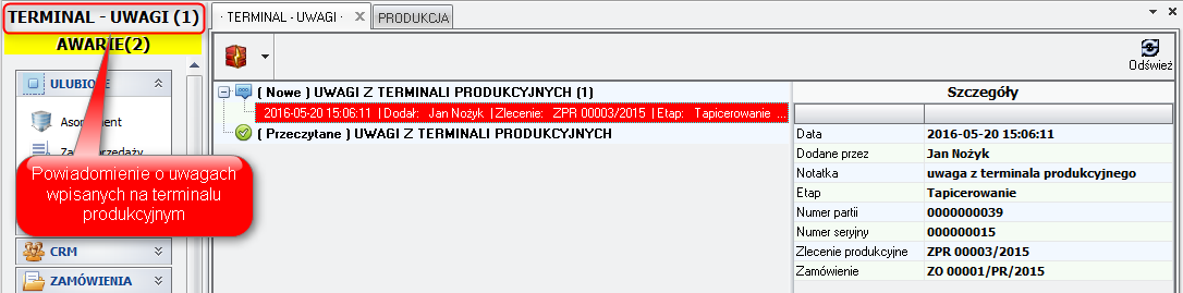 Ekran: Powiadomienie o uwagach