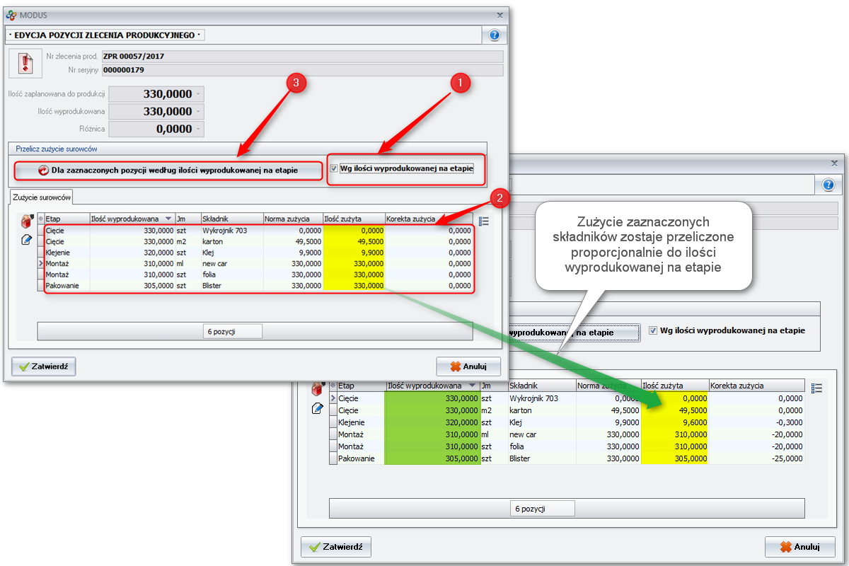 Ekran:  Przeliczenie zużycie wg ilości wyprodukowanej