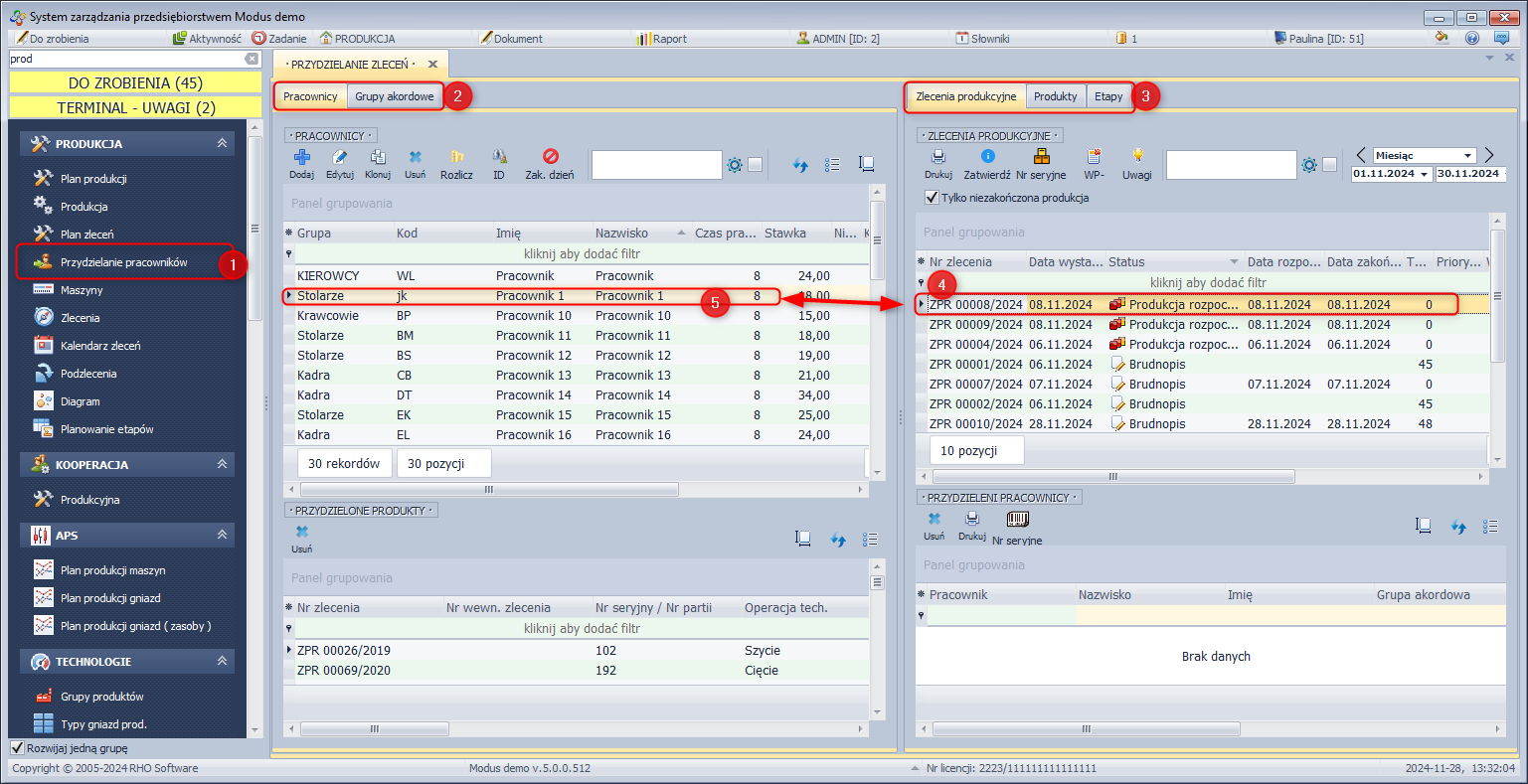 Przydzielanie pracownika do zlecenia produkcyjnego