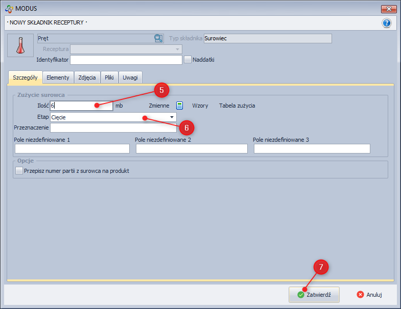  Kreator Technologii - określ ilość składnika i etap na którym będzie potrzebny