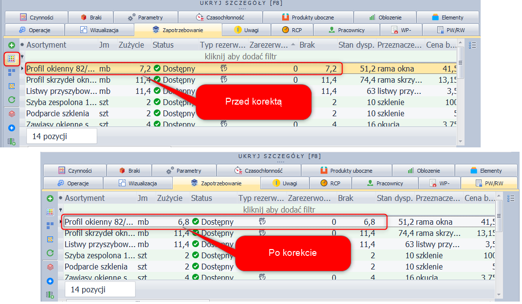 Korekta zużycia surowca (jednej partii)