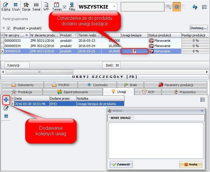 Ekran: Zakładka uwagi