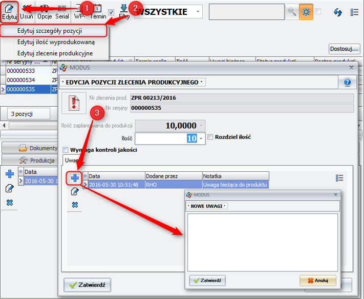 Ekran: Edytuj szczegóły pozycji - uwagi
