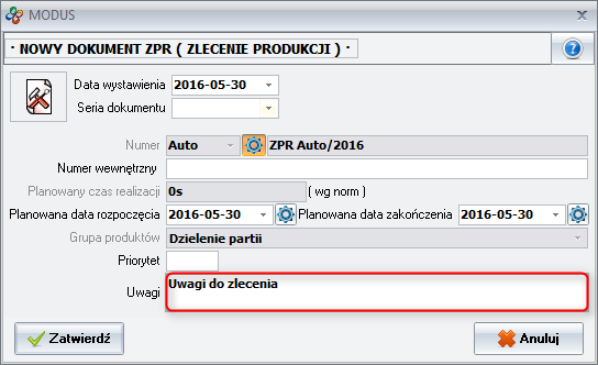 Ekran: Uwagi do zlecenia