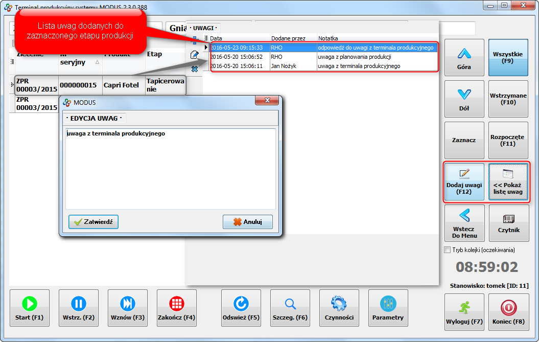 Ekran: Uwagi na terminalu produkcyjnym