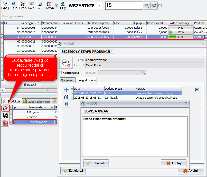 Ekran: Uwagi w harmonogramie produkcji