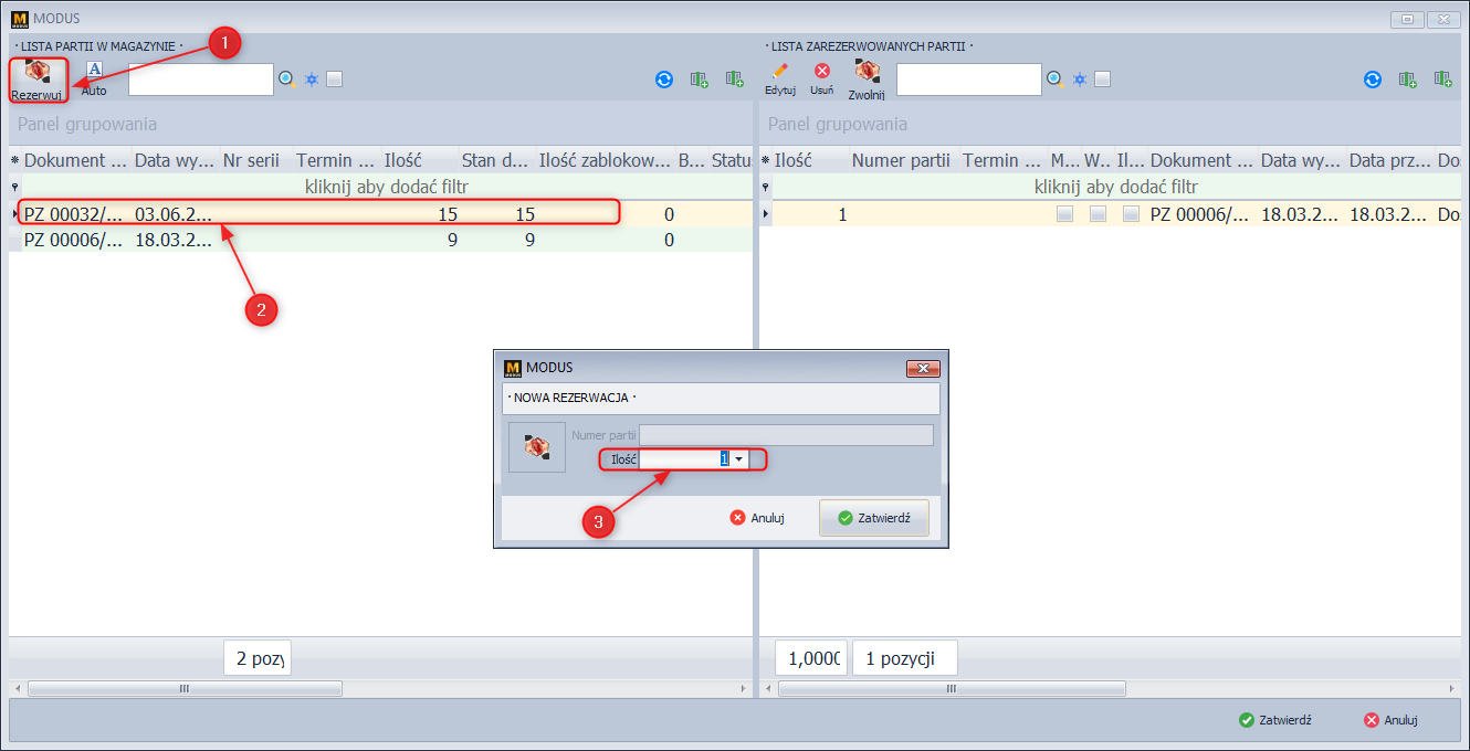 Wybór partii magazynowej do rezerwacji surowca