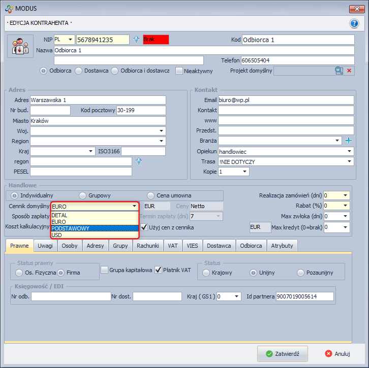 Przypisanie cennika kontrahentowi