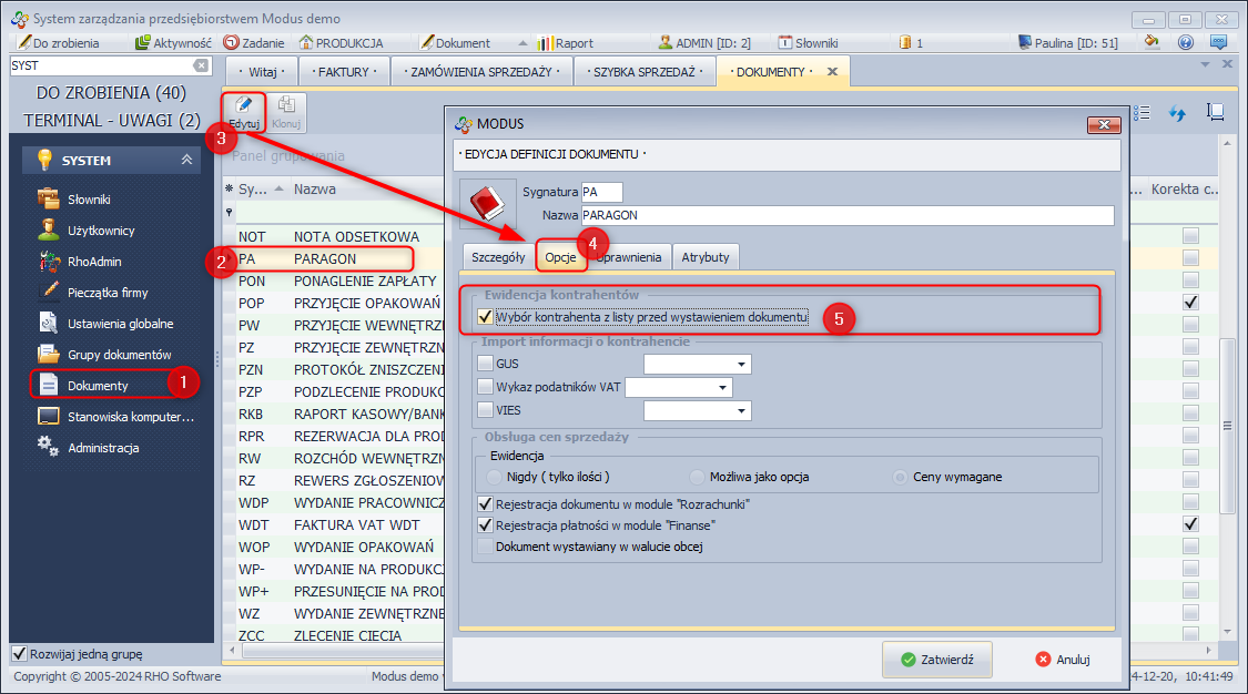 Zmiana ustawień definicji dokumentów PA