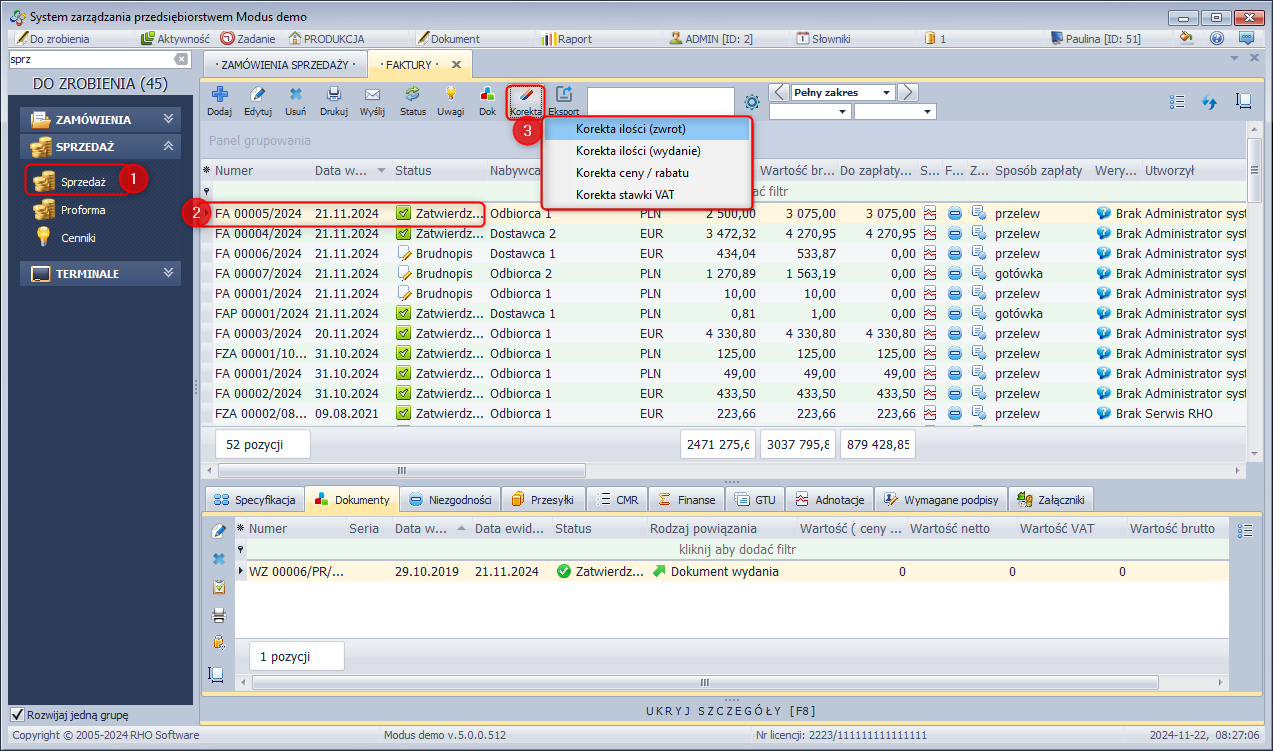 Generowanie korekty faktury sprzedaży