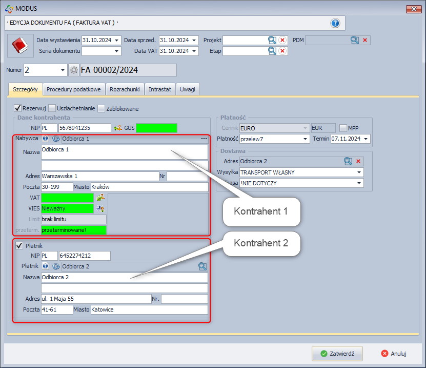Faktura - Wybór płatnika i adresu dostawy