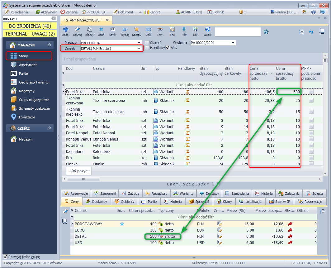 Lista asortymentu z cenami wg. wybranego cennika