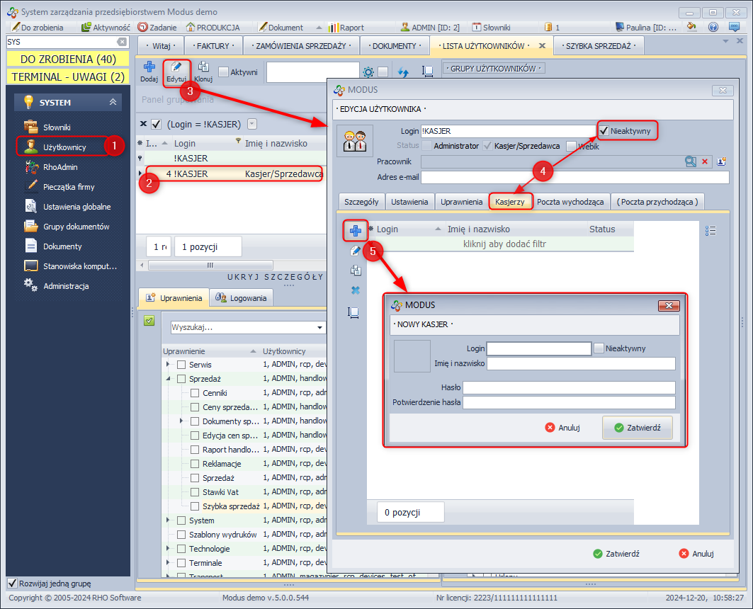 Dodawanie kasjera - Okno "Nowy kasjer"