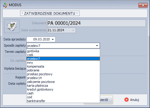 Zatwierdzenie dokumentu PA przy dostępnych wszystkich sposobach zapłaty