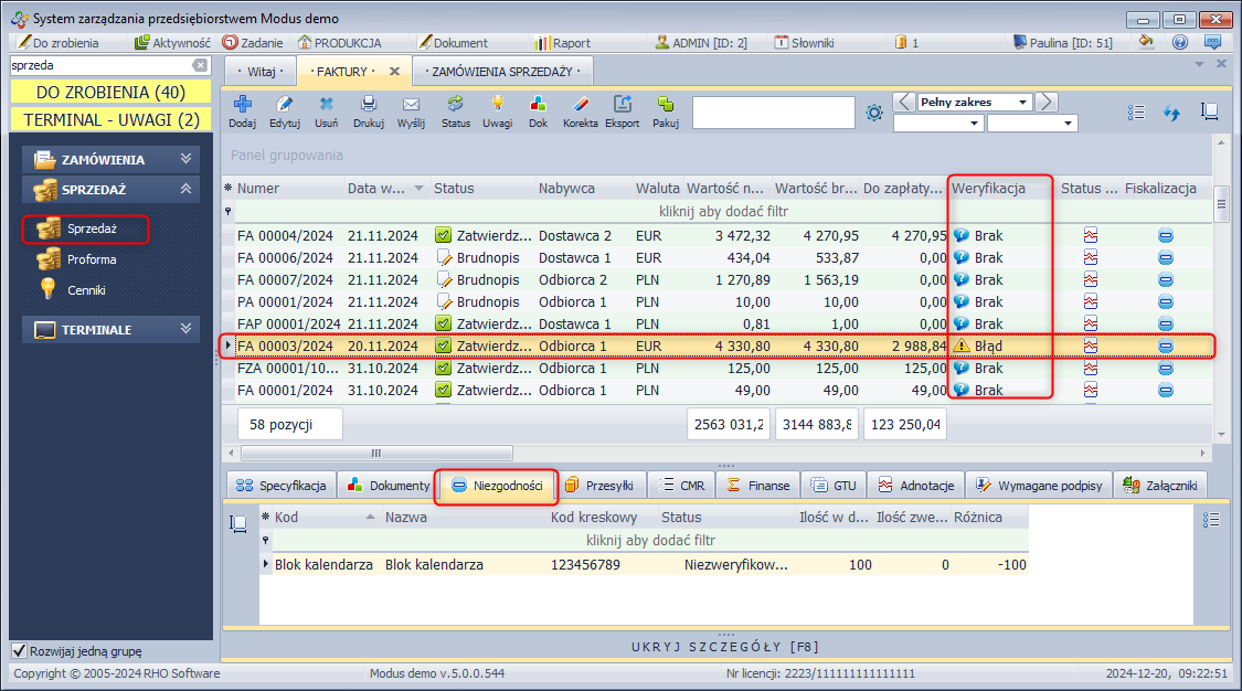 Weryfikacja dokumentu sprzedaży - lista