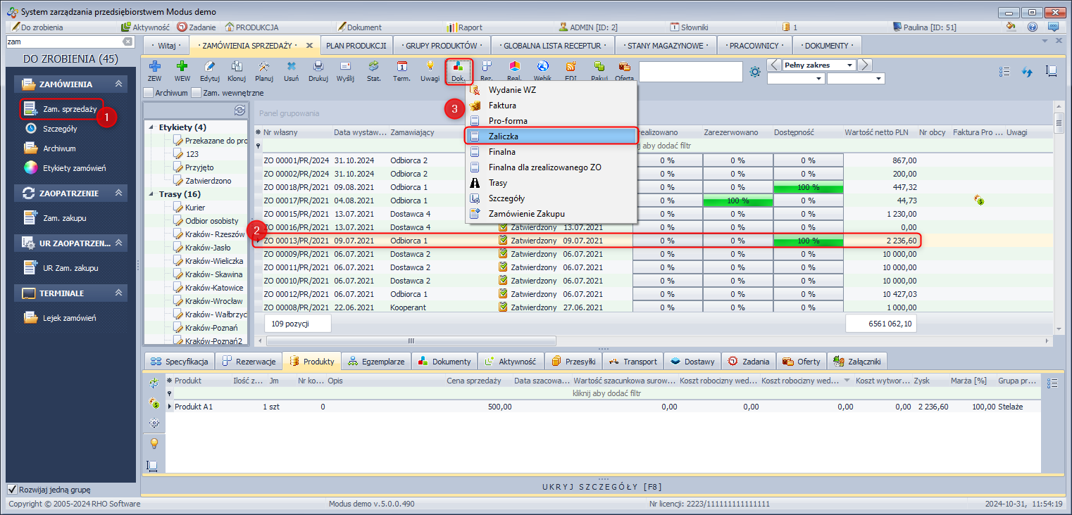 Generowanie faktury zaliczkowej