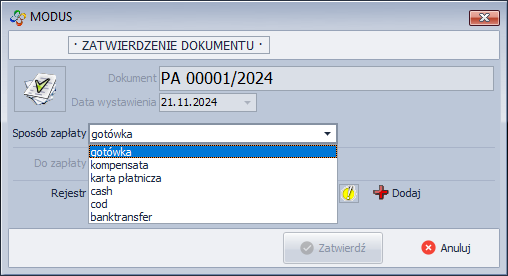Zatwierdzenie dokumentu PA przy domyślnej konfiguracji
