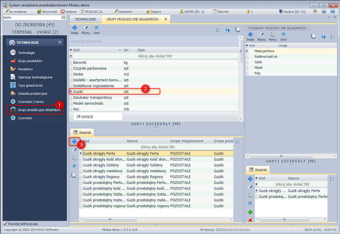 Dodawanie surowca do grupy produkcyjnej surowców