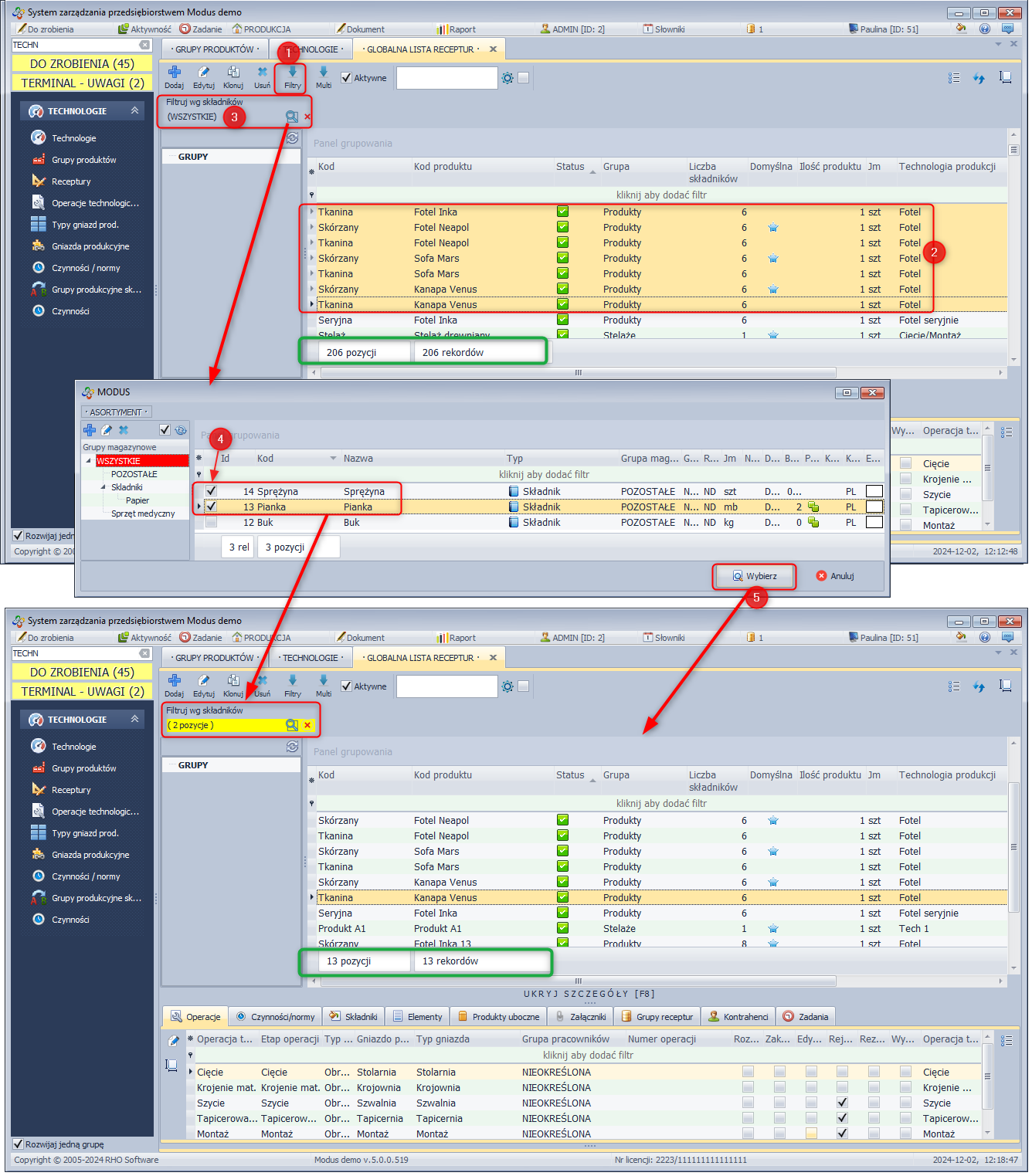 Filtrowanie receptur po składnikach