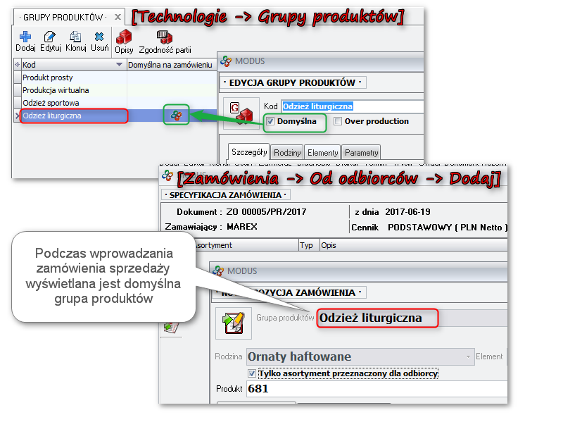 Ekran: Grupa domyślna na etapie zamówienie 