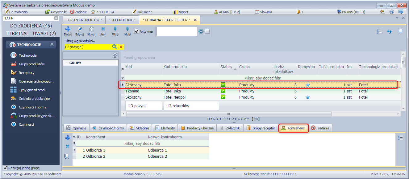  Receptury kontrahenta