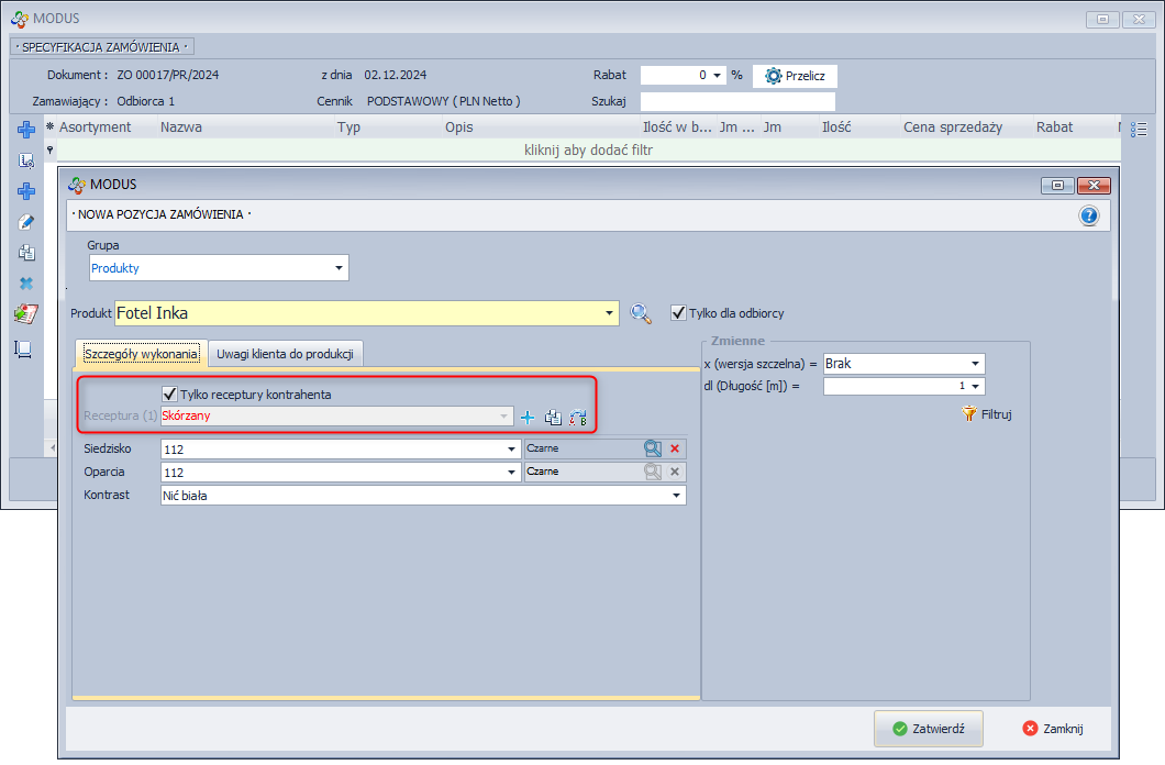  Zamówienie receptury kontrahenta