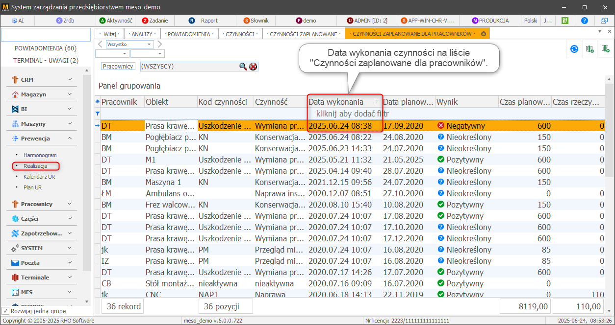 Data wykonania czynności na liście 'Czynności zaplanowanych dla pracowników'