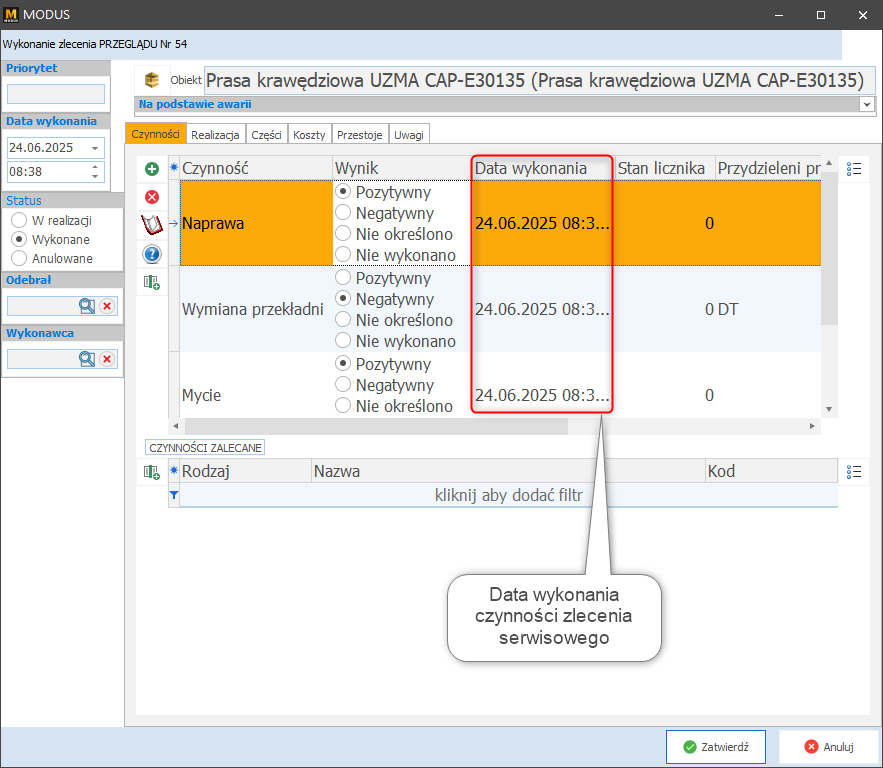 Data wykonania czynności zlecenia serwisowego