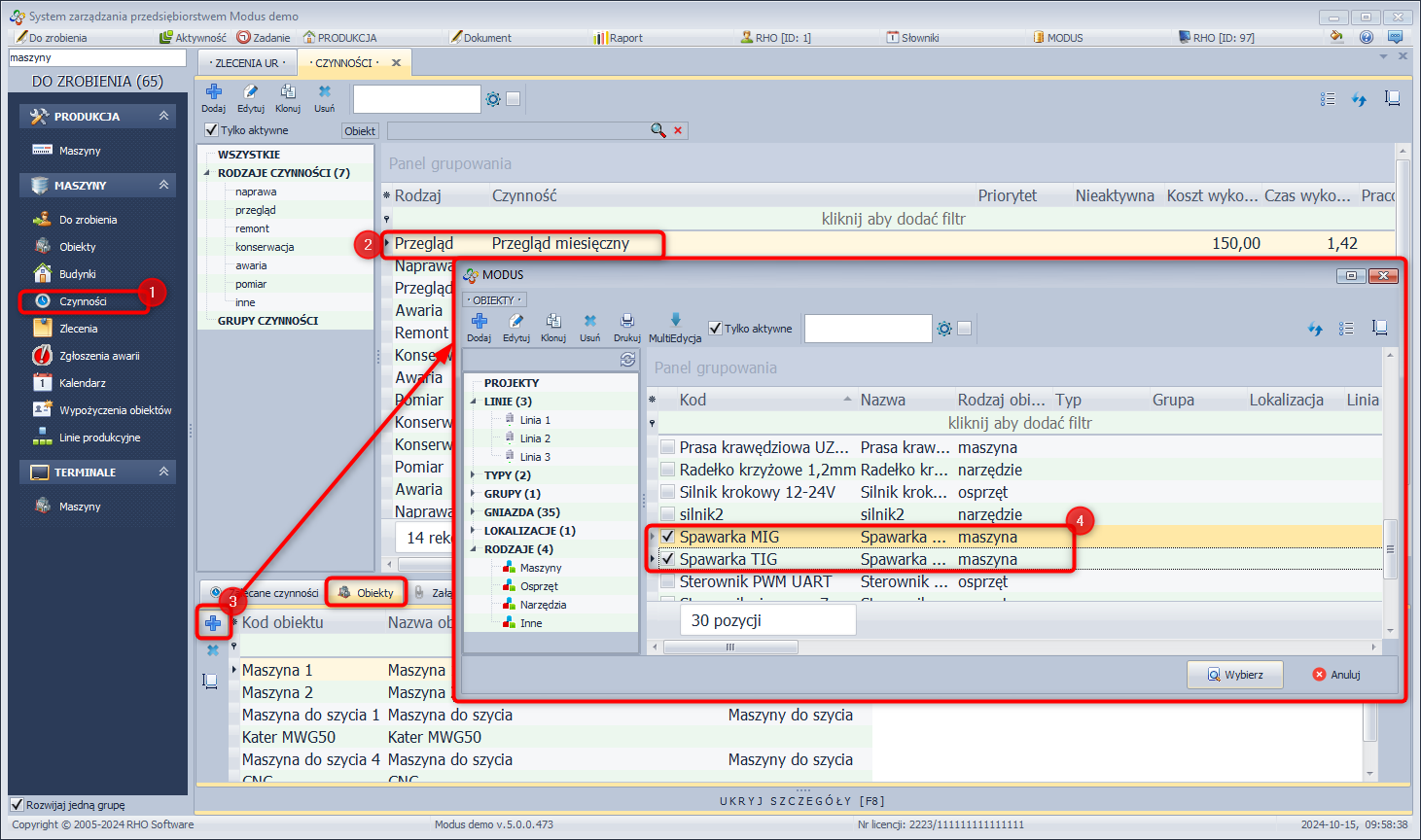  Edycja listy obiektów związanych z czynnością