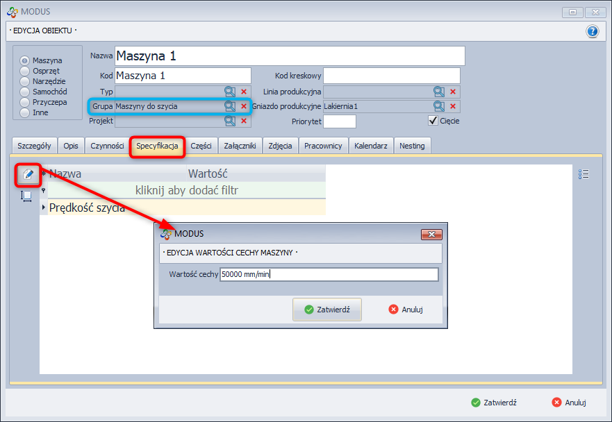 Karta - Nowy obiekt (Specyfikacja)