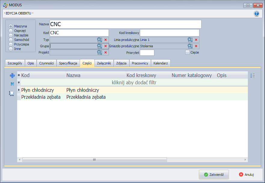Karta - Nowy obiekt (Części)