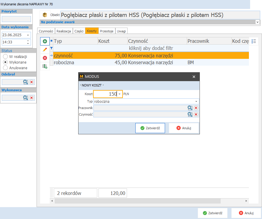 Wprowadzanie kosztów i przestojów