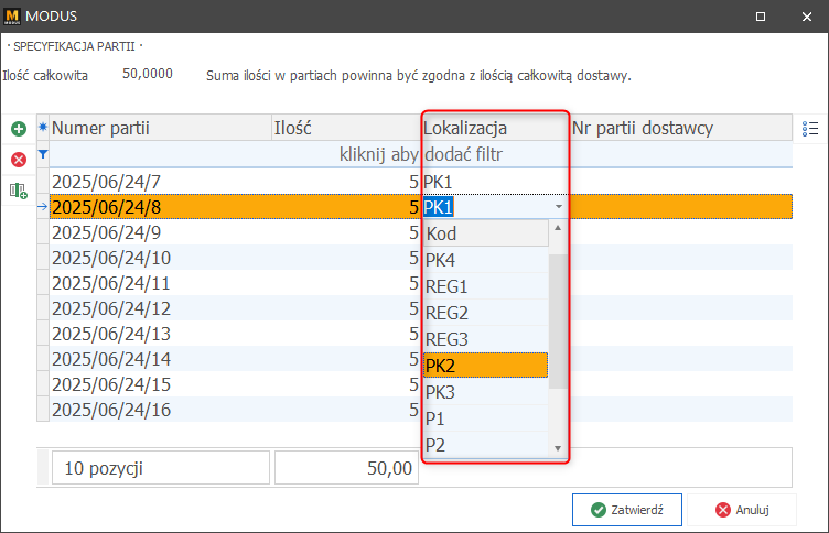 Wybór lokalizacji w czasie przyjęcia asortymentu