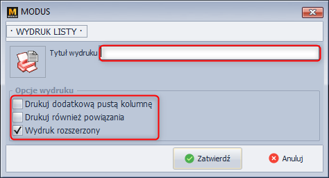 Ekran 8: Opcje wydruku listy