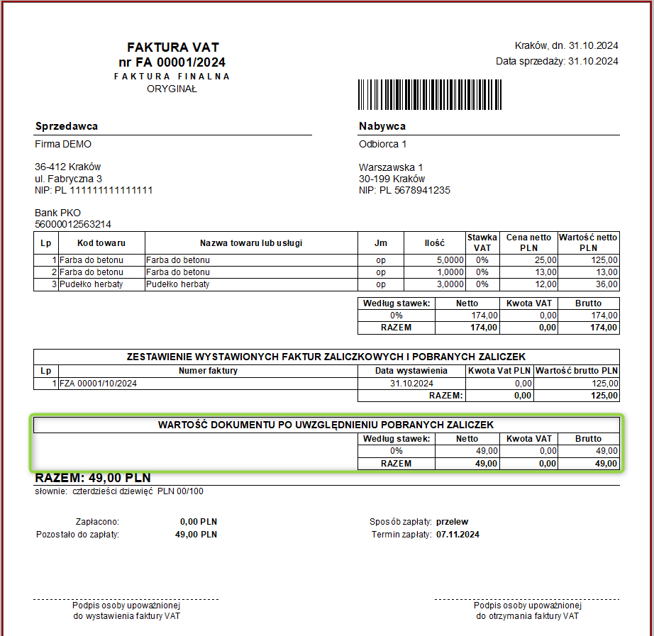 Wydruk faktury końcowej uwzględniającej zaliczkę